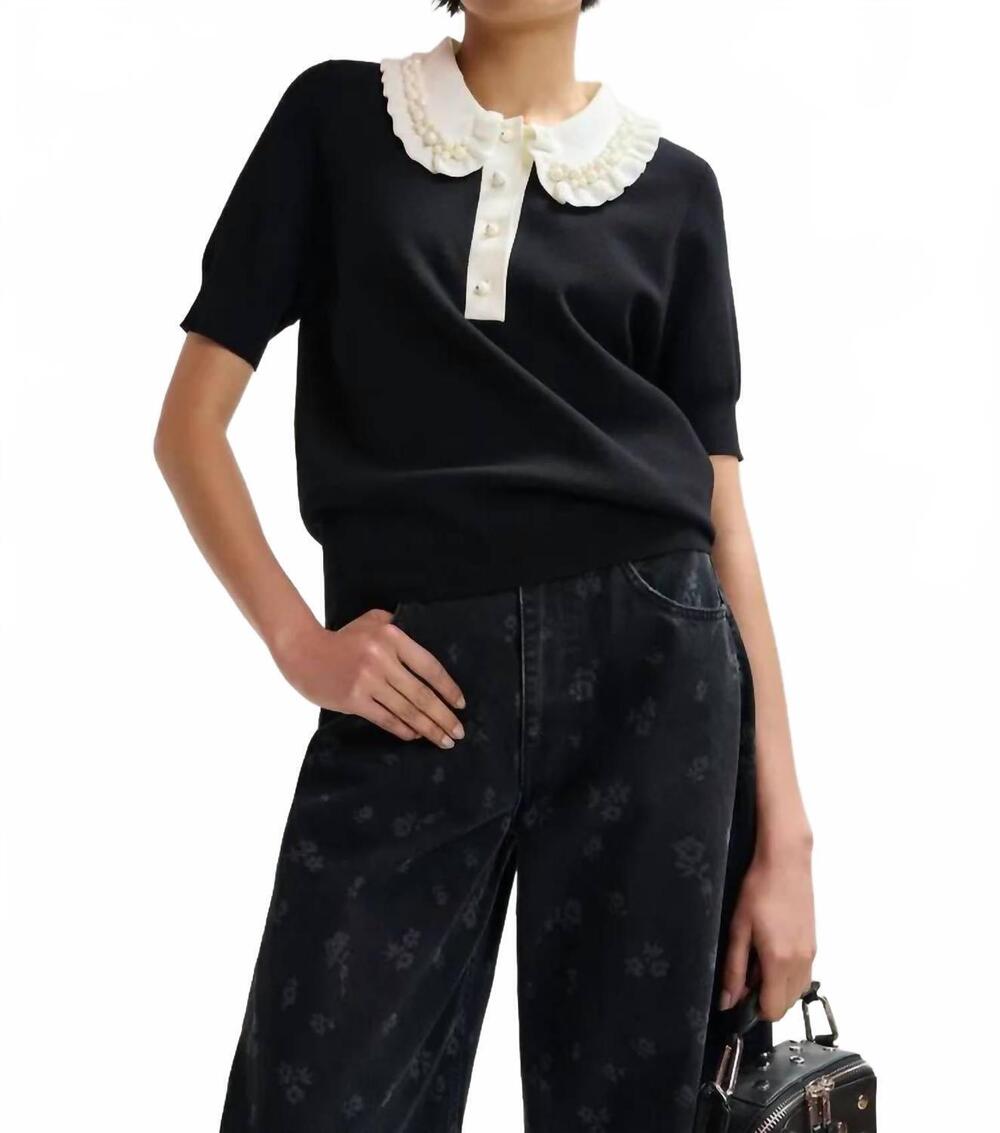 NEW ESSENTIEL ANTWERP jewelry embroidered knit polo in black